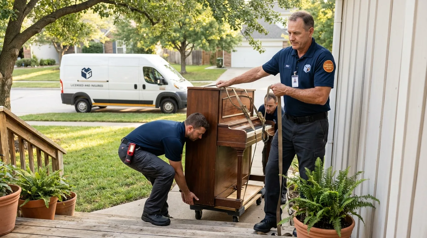 Licensed piano movers securing grand piano in Romulus, MI
