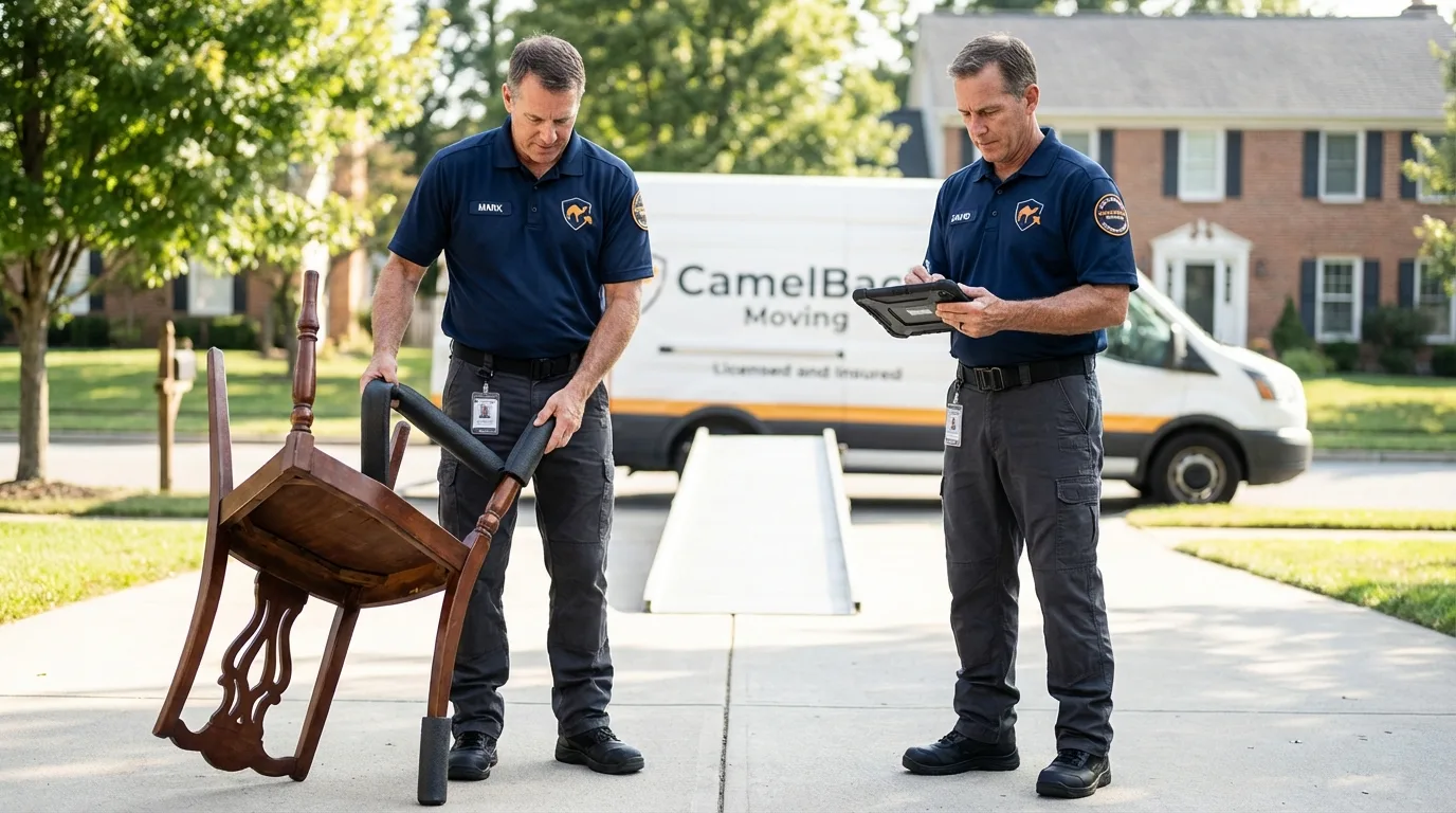 Movers inspecting furniture for damage prevention before loading in Romulus, MI