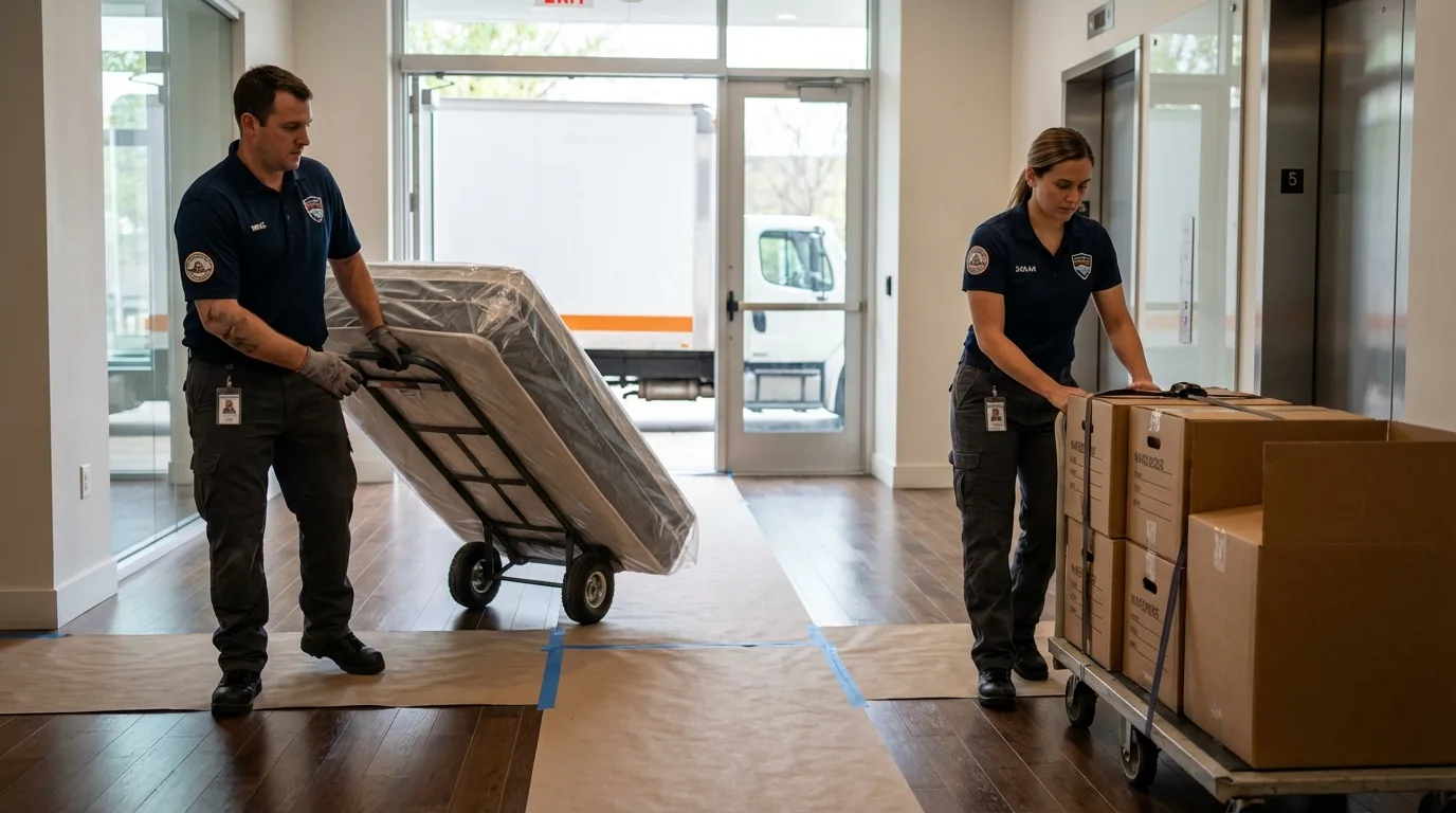 Professional apartment movers loading elevator in Romulus, MI